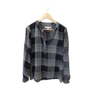 Banana Republic Size S Black White Windowpane Sheer Plaid Blouse Pullover